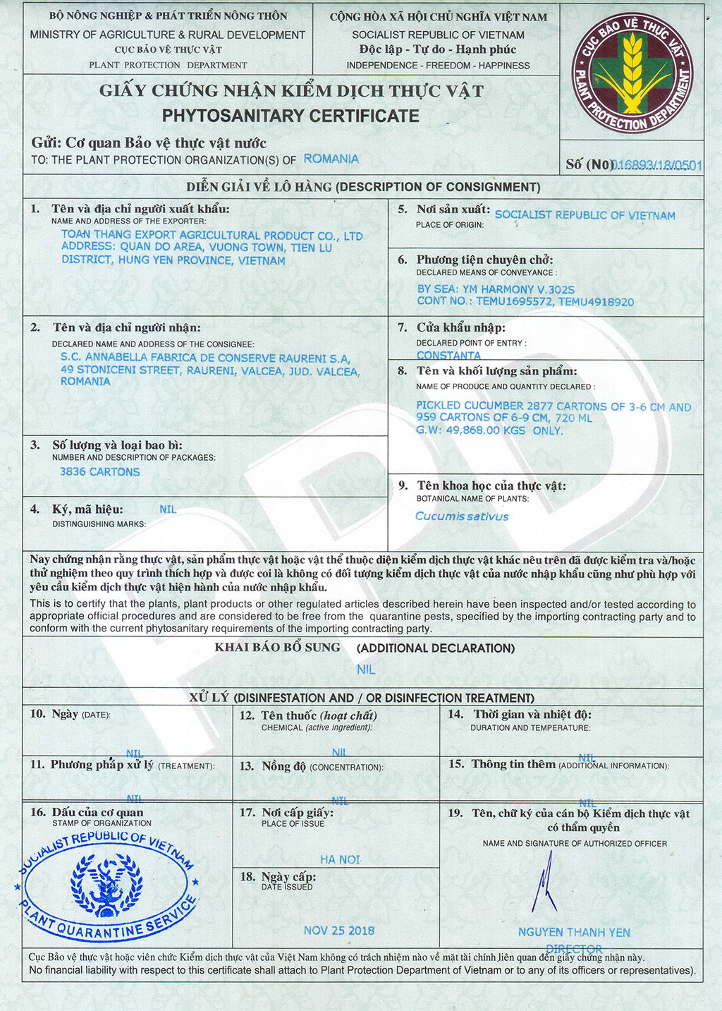 Giấy chứng nhận kiểm dịch 25/11/2018