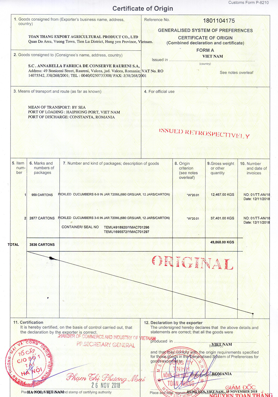 Certificate of Origin 26/11/2018