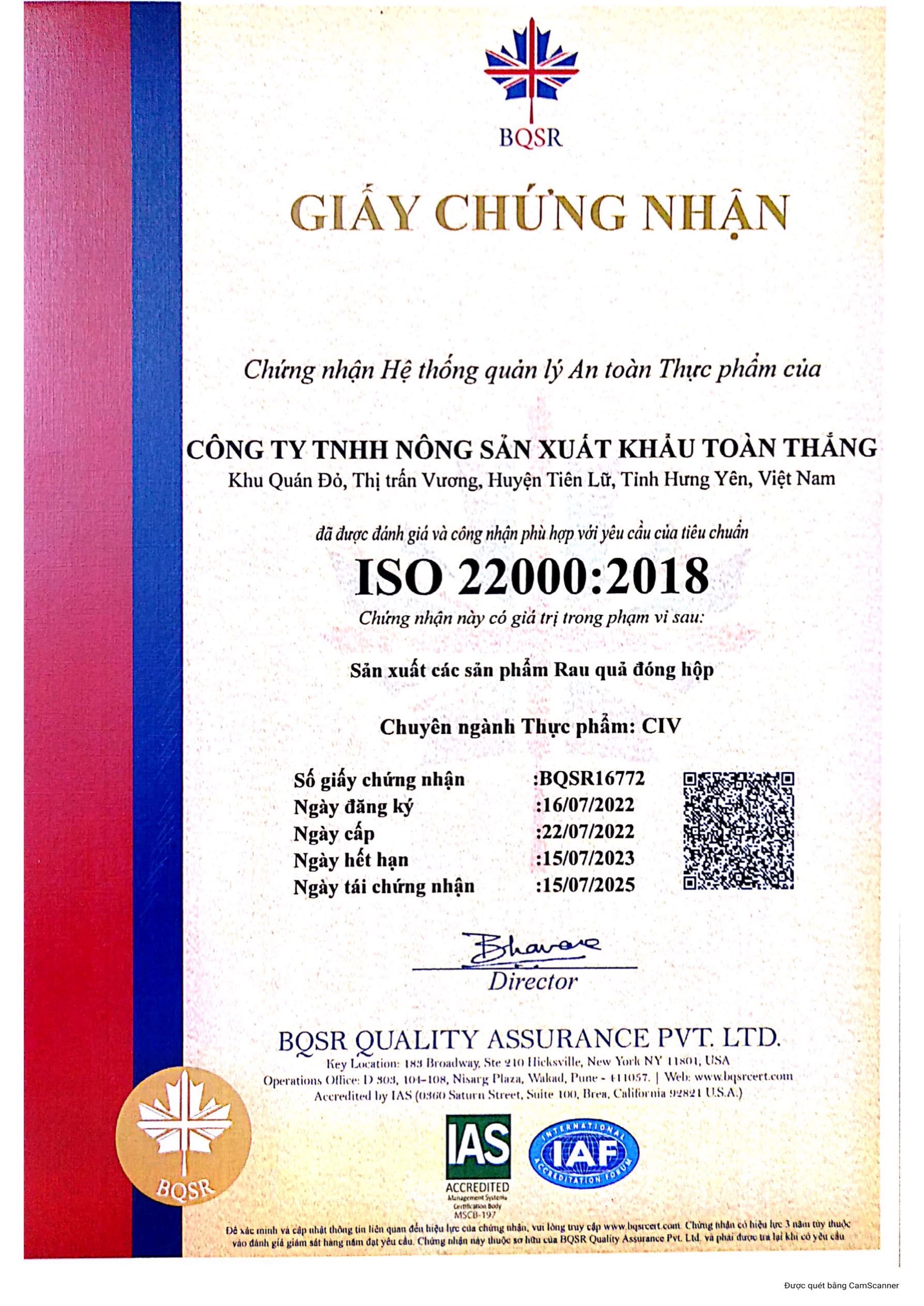 GIẤY CHỨNG NHẬN HỆ THỐNG QUẢN LÝ CHẤT LƯỢNG 16/07/2022